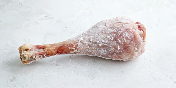 A raw, frozen chicken drumstick rests on a white, textured surface. The drumstick is covered in a layer of white powder, likely flour or sugar. 