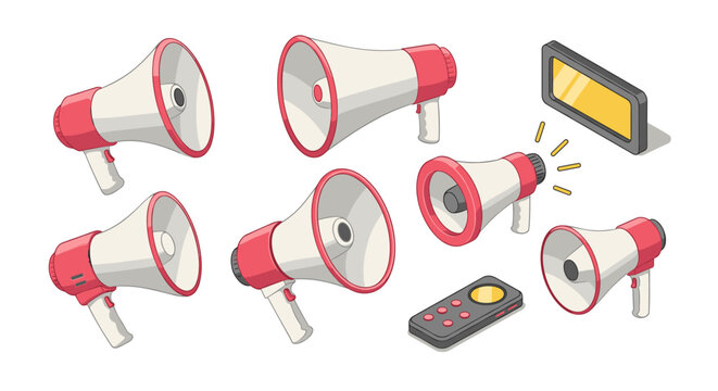 Collection of cartoon megaphones and remote with modern flat design aesthetic