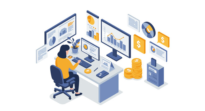 Businesswoman analyzing financial data in modern office with isometric charts and graphs