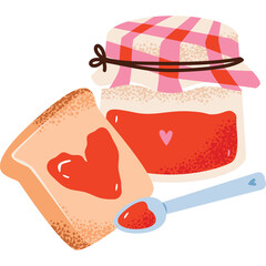Heart Shaped Jam On Toast Next To A Jar Of Strawberry Jam With A Pink Plaid Lid And A Spoon Filled With Jam Isolated On White