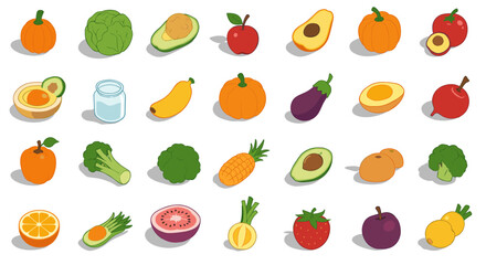 Obraz premium Colorful assorted fruits and vegetables in isometric style on white background