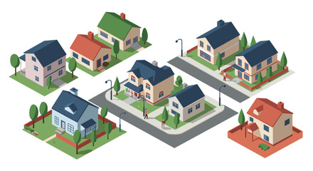 Isometric neighborhood with various houses and streets