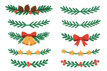 Obraz premium Festive holiday decorations with greenery and ornaments. Set of 6 Christmas vector illustration