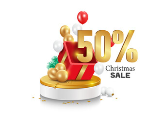 Number 50% gold comes out of red gift box placed on circular podium with multi-colored balloons floating around it for Christmas or New Year advertising promotion design, vector 3d on white background