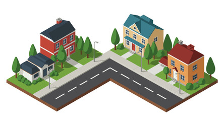 Naklejka premium Charming suburban neighborhood with isometric houses and lush greenery