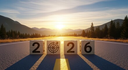 Ambitious New Year's Journey Aspiring Individual on Serene Road Towards Mountain Peak, Symbolizing Fresh Start and Future Success Ideal for Corporate Websites and Presentations.