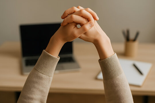 Interlocked Hands and Arched Arms Over Desk With Laptop and Stationery.