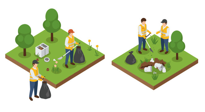 Isometric environmental cleanup with volunteers collecting litter in nature