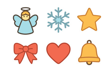 Fototapeta premium Holiday symbols angel, snowflake, star, and more. Set of 6 Christmas vector illustration