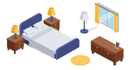 Cozy bedroom interior with isometric furniture and decor elements