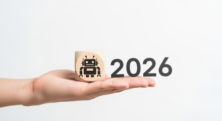 Futuristic Hand Grasping '202' Wooden Block Against Digital Space Emblem of Technological Innovation for Corporate Usage.