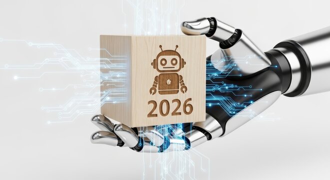 Robotic Hand Gripping 2020 Cube against Futuristic Backdrop Symbolizing Innovation & Technological Trends for Corporate Websites and Presentations.