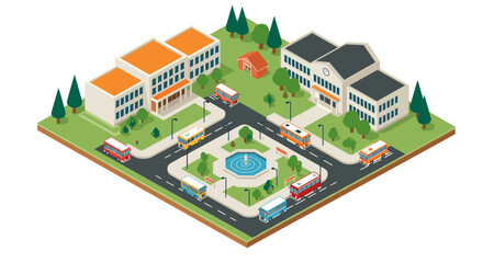 Isometric campus scene with buildings, buses, and fountain