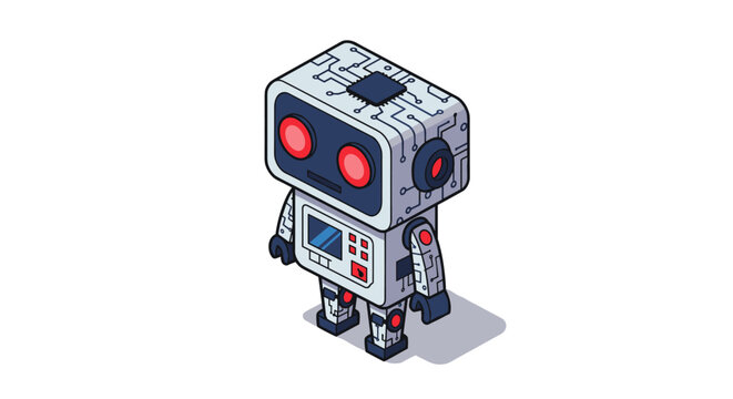 Cute isometric robot with circuit details and red accents on white background