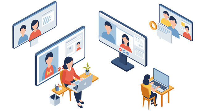 Diverse remote work collaboration in isometric style with online meetings