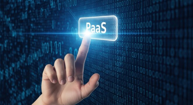 Finger Pressing Button on BinaryFilled Cloud Symbolizing PaaS Platform Development, Ideal for Corporate Websites and Business Presentations.