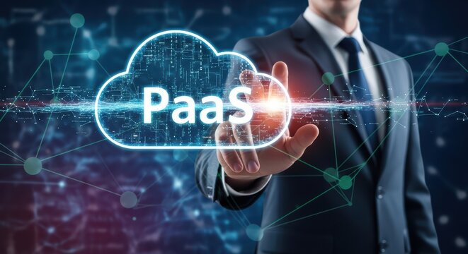 Progressive Businessman Interacting with Innovative Cloud Icon Against Expansive Digital Skyscape Perfect for Corporate Presentations and Websites.