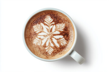 Cup of hot coffee with latte art shaped like a snowflake, isolated on white background