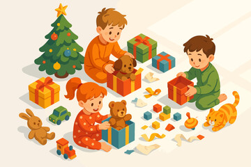 Caucasian children opening presents with toys and christmas tree