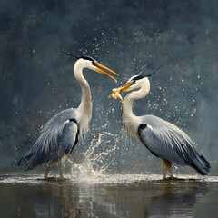 Majestic Herons GracefullyCatching Fish by the Waters Edge: A Mesmerizing Dispay of Nature's Predators i Action