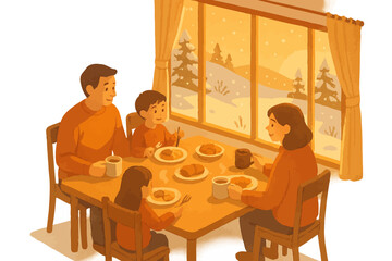 Fototapeta premium Cozy family breakfast in winter morning with snowy landscape