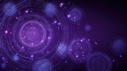 Abstract digital artwork of concentric circles and glowing particles on transparent background
