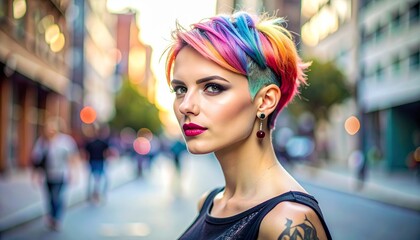 Trendy urban hair fashion of a woman with vibrant dye, creative buzz cuts, and edgy accessories captured in dynamic city backgrounds, expressing individuality and bold youth culture.