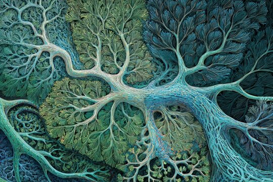 Gentle Glial Grove: Glial cells form a gentle grove, supporting and nourishing neurons in the brain.