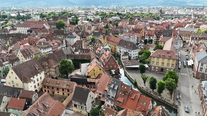 Obraz premium Lauch river , liitle Venice Colmar France old town centre drone, aerial