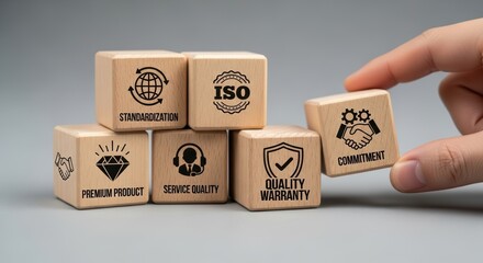 Business Leader Endorsing Premium Service Commitment, Quality Cubes Banner, Grey Background Perfect for Corporate Websites and Presentations.