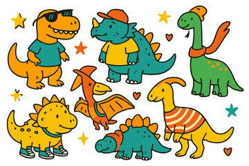 Obraz premium Dinosaurs flat icon set. featuring t-rex, triceratops, pterodactyl, stegosaurus, brachiosaurus, parasaurolophus