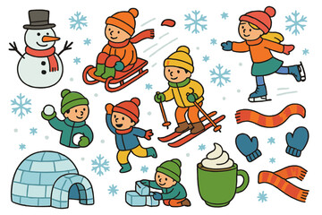 Fototapeta premium Winter activities flat icon set. featuring snowman, sledding, skiing, ice skating, snowball, igloo, hot cocoa, scarf, mittens