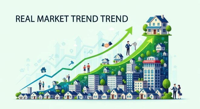 Vibrant Real Estate Market Growth Illustrated Dynamic People Engaging in a Trending Housing Marketplace, Ideal for Corporate Presentations and Websites.
