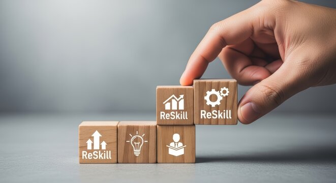 Empowering Digital Transformation HR Training & Company Growth Symbolized by Reskilling Cubes Amidst Modern Business Space Ideal for Corporate Websites and Presentations.