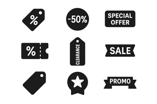 Shopping sale silhouette icon set. featuring tag, discount, special offer, clearance, sale, and promo symbols