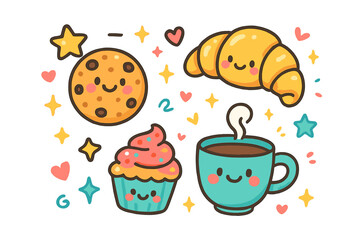 Cute bakery flat icons set. featuring cookie, croissant, cupcake, and coffee symbols