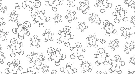 Seamless pattern of gingerbread man and snowflake isolated on white background