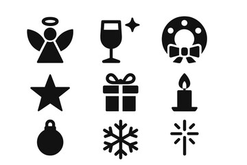 Christmas celebration silhouette icon set. featuring angel, wine, wreath, star, gift, candle, ornament