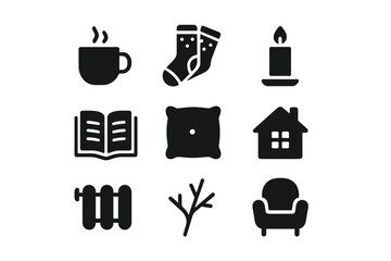 Winter comfort silhouette icon set. featuring cup, socks, candle, book, pillow, house, radiator, branch, chair