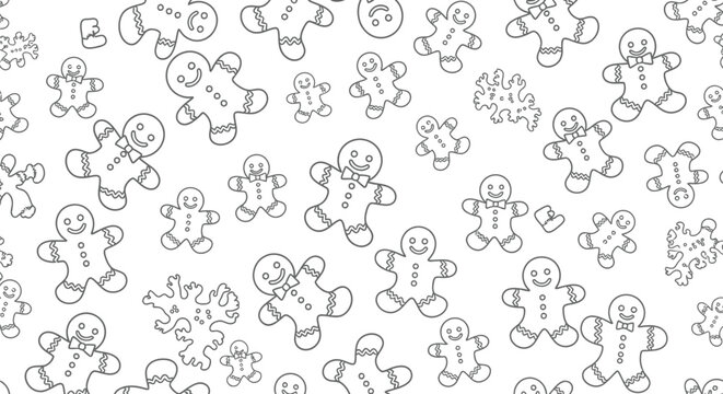 Seamless pattern of gingerbread man and snowflake isolated on white background