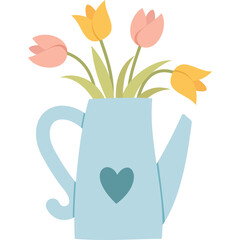 Light Blue Watering Can with Pink and Yellow Tulips and a Teal Heart Accent on a Transparent Background Simple Flat Design