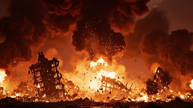 Catastrophic explosion sending fireballs, debris, and black smoke into the air, creating a hellish landscape of burning ruins and total destruction in a war torn city at night