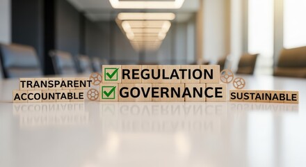 Corporate Executive Reviewing Wooden Compliance Symbol, Embracing Transparent & Ethical Governance for Sustainable Business Operations Perfect for Corporate Websites and Presentations.