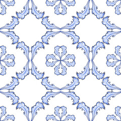 Сlassic blue and white repeating pattern featuring  acanthus and swirling floral medallions. Decorative print for ceramics, wallpapers, or luxury packaging.
