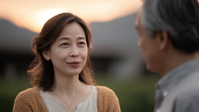 Elders chatting warmly and harmoniously at sunset