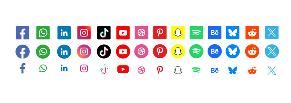 Colorful social media icons set on transparent background, modern flat round and square logo collection for digital design and web use