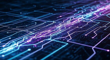Abstract glowing circuit board with blue and purple light trails