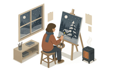 Fototapeta premium Young caucasian female painting winter scene indoors at night next to window