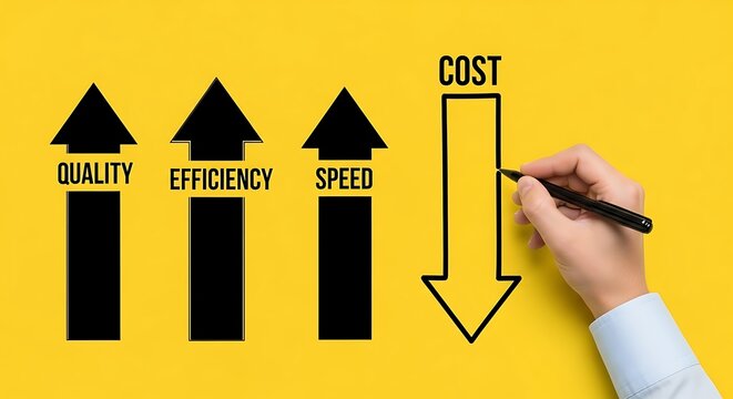 A concept of quality, efficiency, and speed going up, while cost goes down, hand drawing arrow on yellow background, business strategy