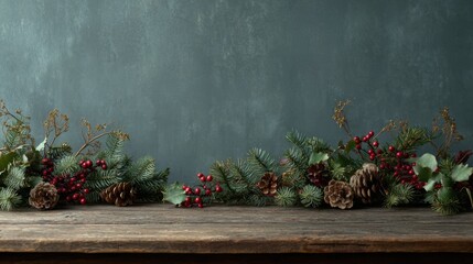 Winter holiday rustic garland with pinecones and red berries on a wooden table backdrop